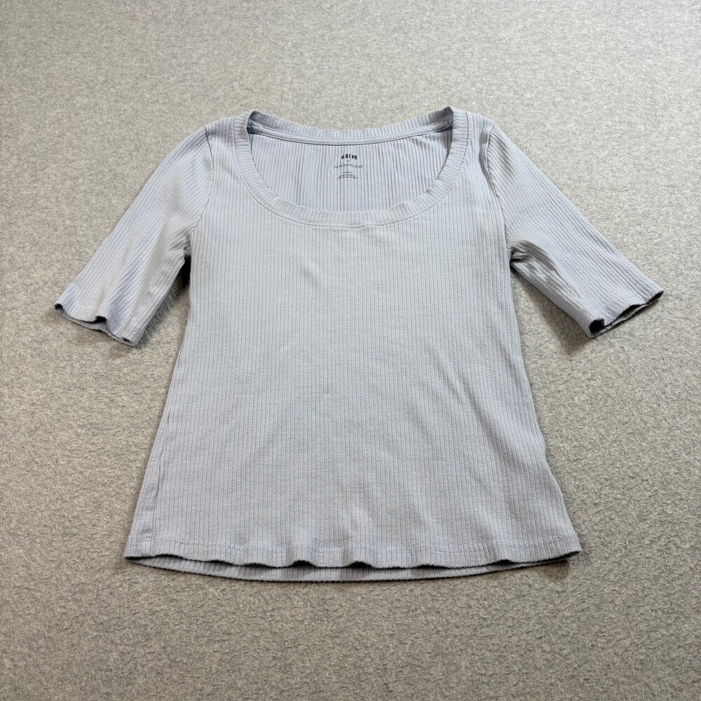 Maeve Anthro Shirt Woman Small Blue Ribbed Stretch Short Sleeve Scoop Neck Y2K